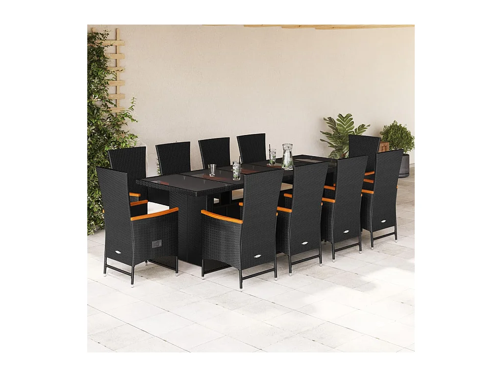 Ensemble à manger de jardin 11 pcs coussins noir résine tressée