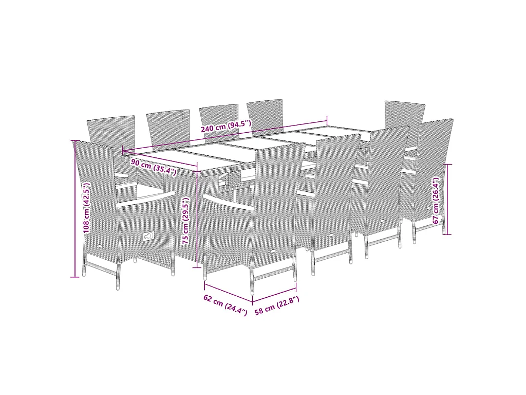 11-tlg. Garten-Essgruppe mit Kissen Schwarz Poly Rattan