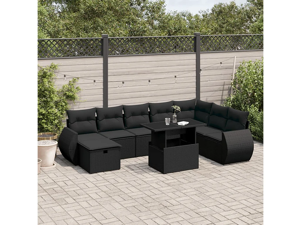 9 pcs conjunto de sofás p/ jardim c/ almofadões vime PE preto