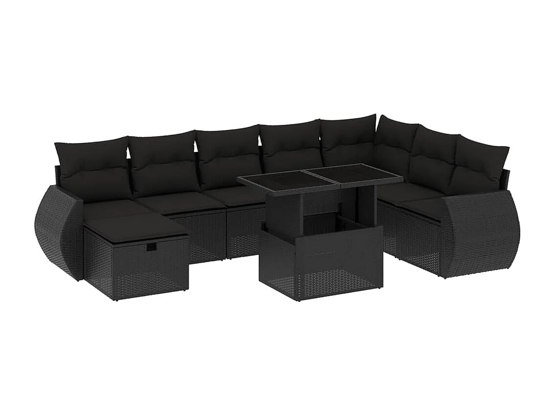 9 pcs conjunto de sofás p/ jardim c/ almofadões vime PE preto