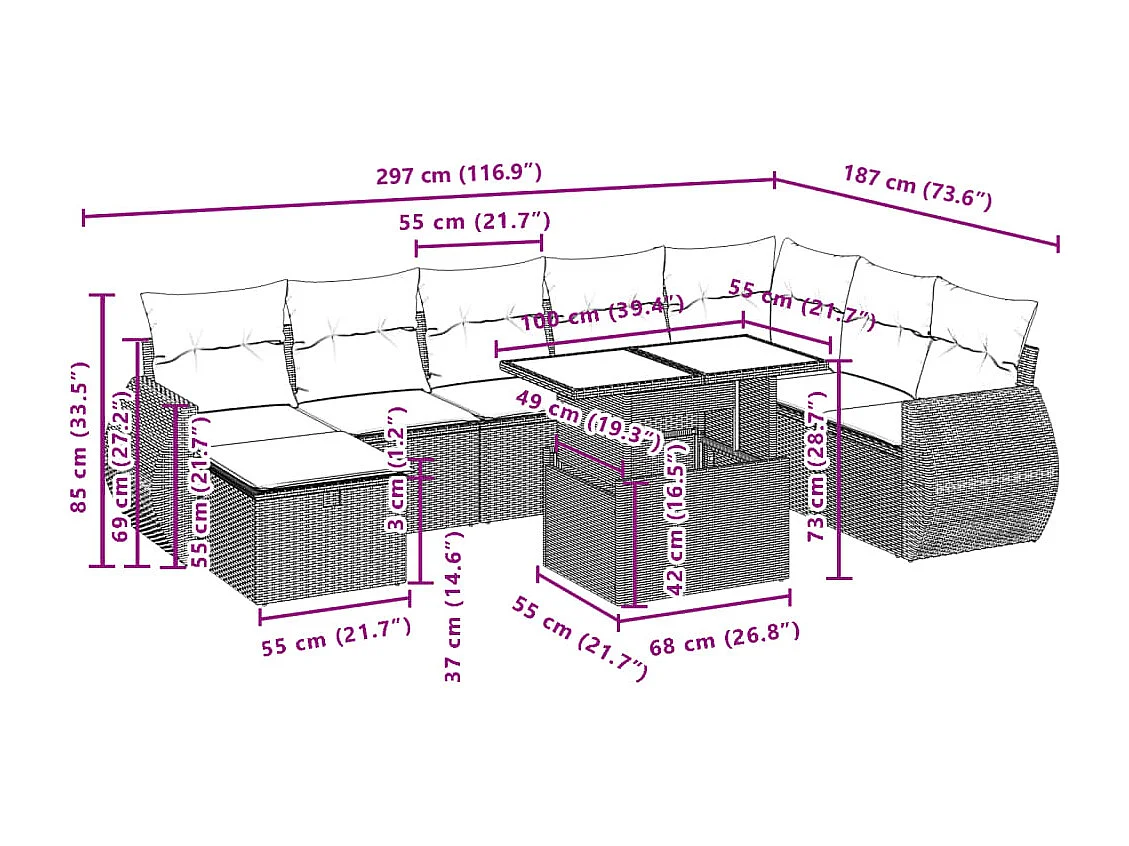 9 pcs conjunto de sofás p/ jardim c/ almofadões vime PE preto