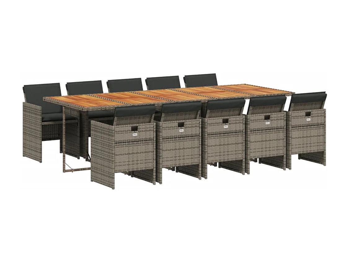 11 pcs conjunto jantar p/ jardim c/ almofadões vime PE cinzento