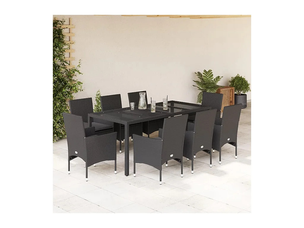 Ensemble à manger de jardin et coussins 9 pcs noir rotin verre