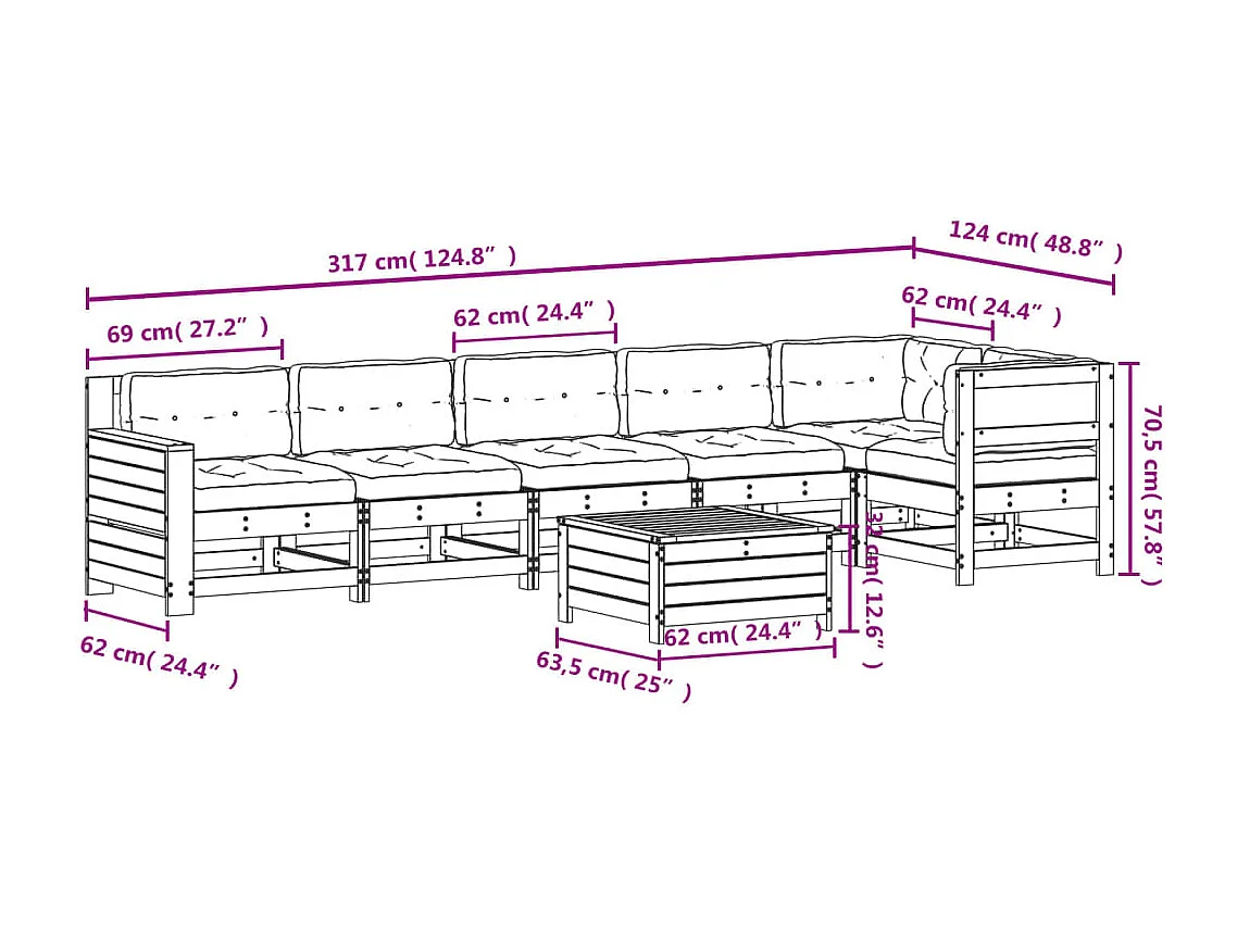 Salon de jardin 7 pcs avec coussins Bois de pin massif