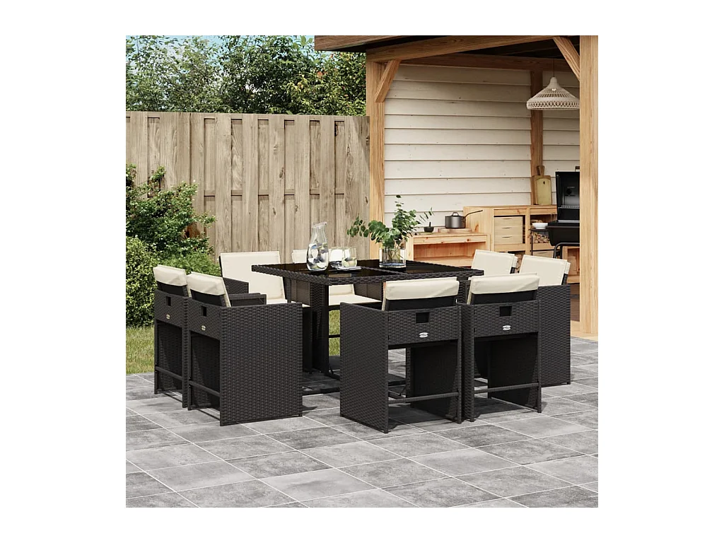 Set da Pranzo da Giardino 9 pz con Cuscini Nero in Polyrattan