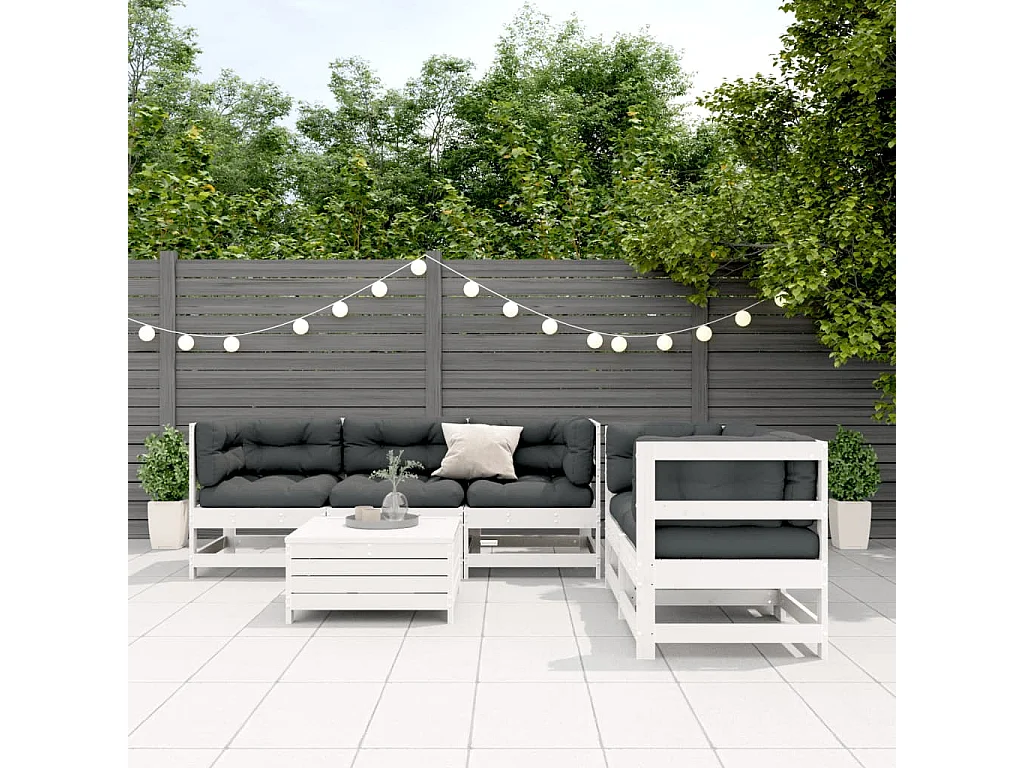 6-delige Loungeset met kussens massief grenenhout wit