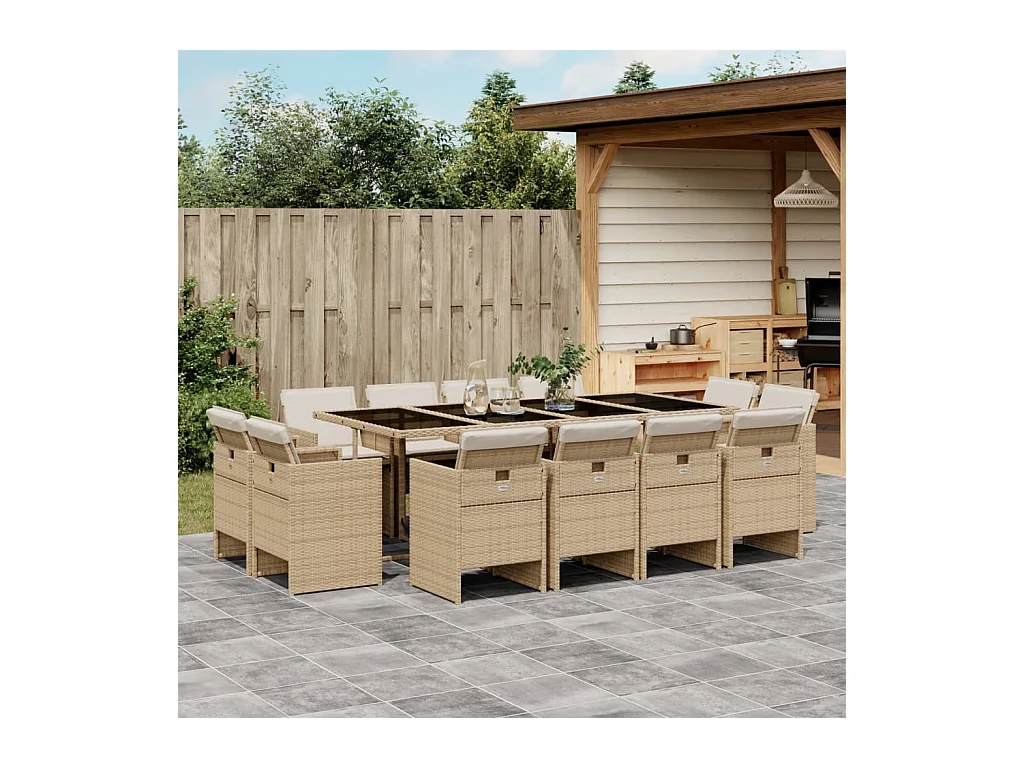 Set da Pranzo da Giardino 13 pz con Cuscini Beige in Polyrattan