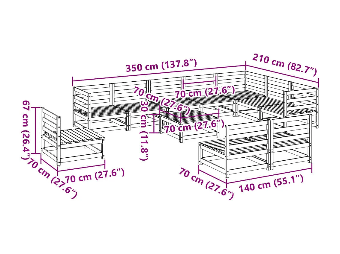 11-delige Loungeset massief grenenhout wasbruin