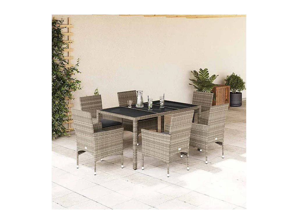 7-tlg. Garten-Essgruppe mit Kissen Hellgrau Poly Rattan & Glas