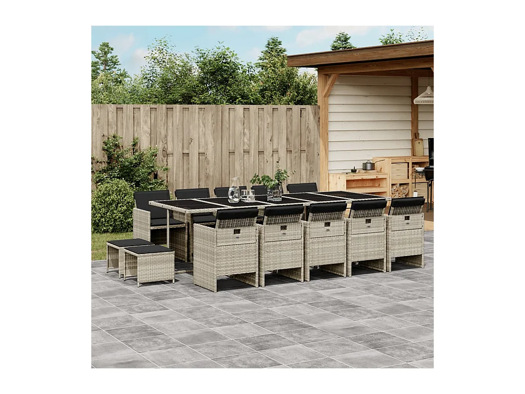 15-delige Tuinset met kussens poly rattan lichtgrijs