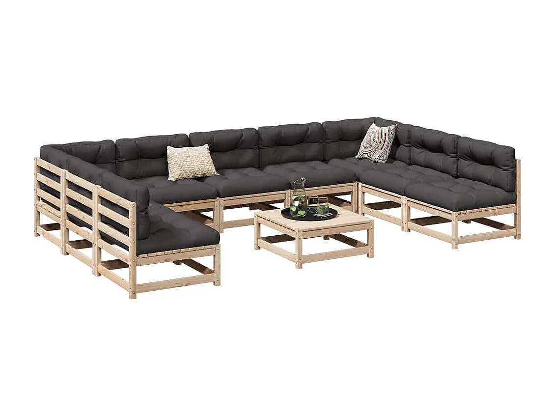 Set Divani da Giardino 10 pz con Cuscini Legno Massello di Pino