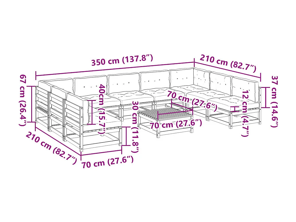 Set Divani da Giardino 10 pz con Cuscini Legno Massello di Pino