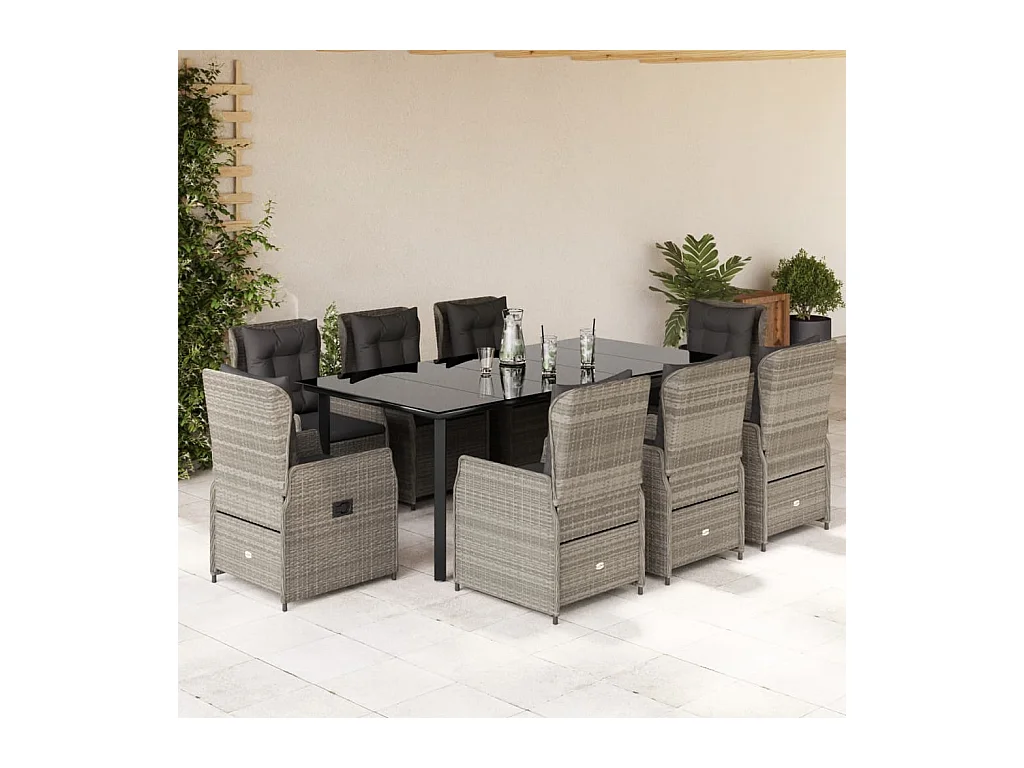 Set Pranzo da Giardino 9pz con Cuscini Grigio Chiaro Polyrattan