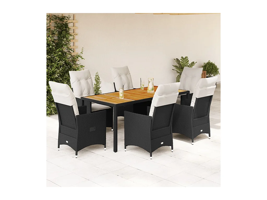 Ensemble à manger de jardin coussins 7pcs Noir Résine tressée