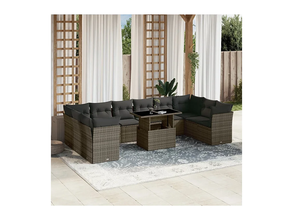 Salon de jardin 11 pcs avec coussins gris résine tressée