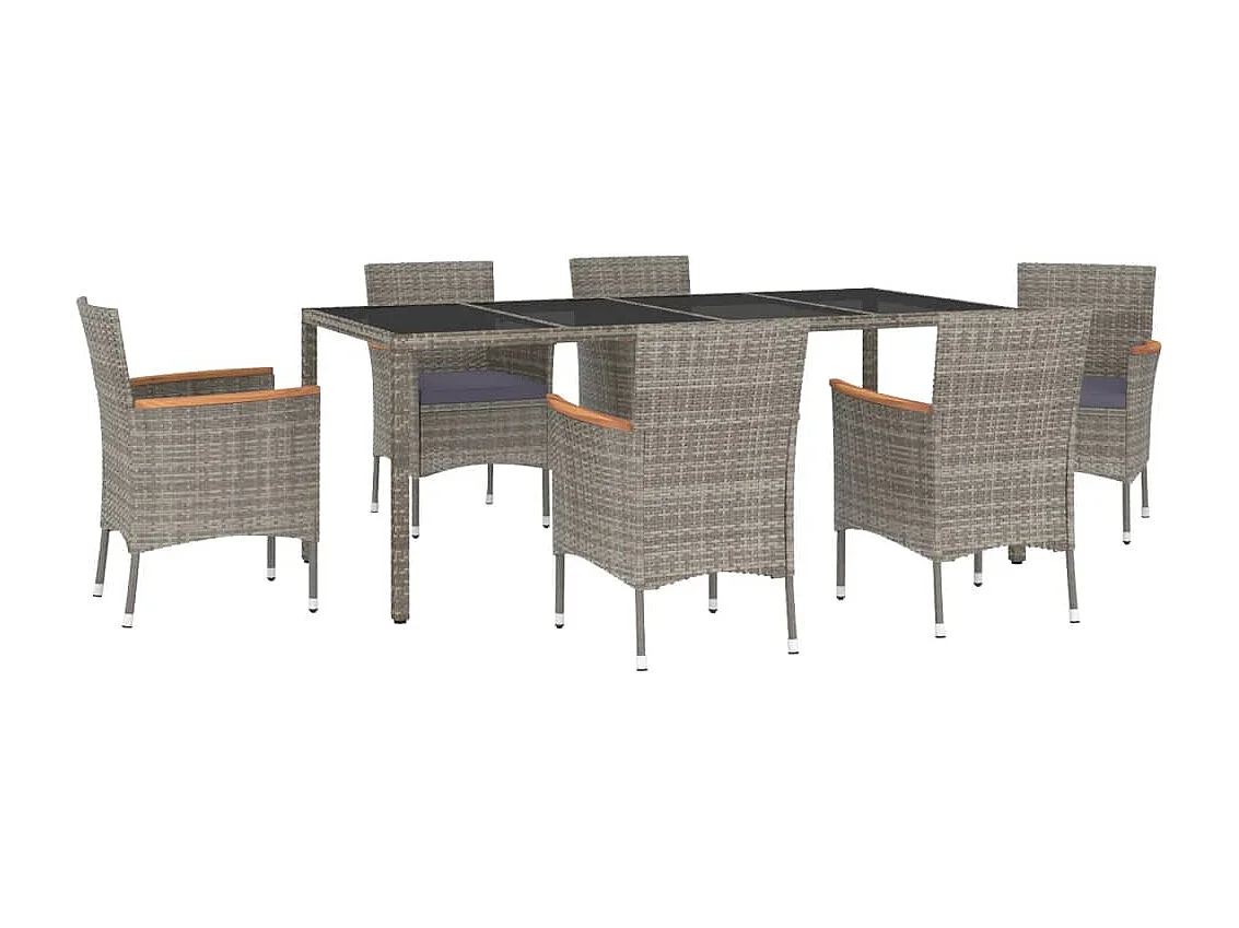 Ensemble à manger jardin et coussins 7 pcs gris rotin