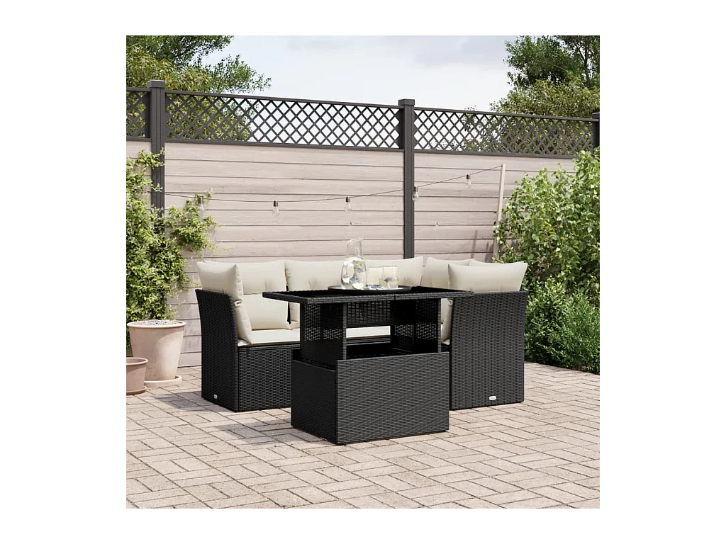 Salon de jardin 5 pcs avec coussins noir résine tressée