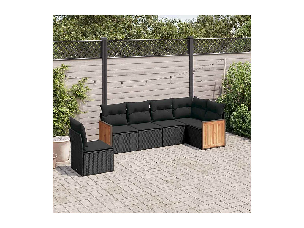 Salon de jardin 6 pcs avec coussins noir résine tressée