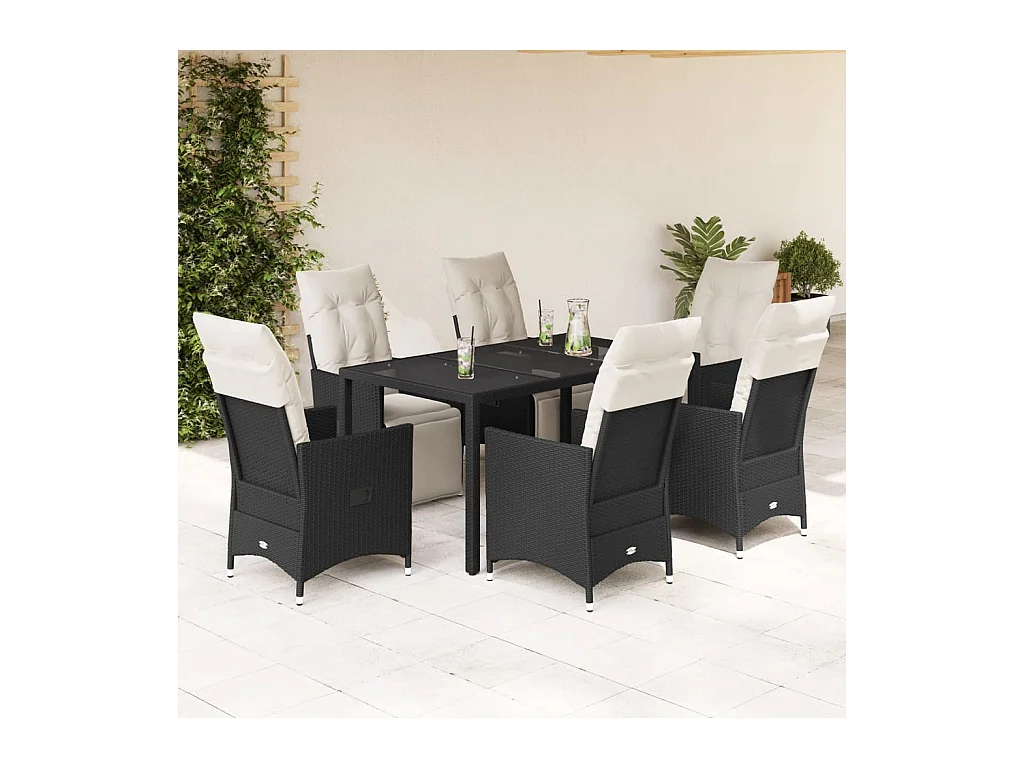 Set da Pranzo da Giardino 7 pz Nero con Cuscini in Polyrattan