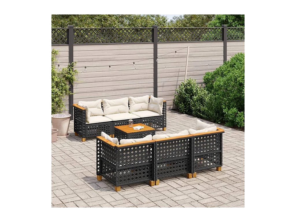 7-tlg. Garten-Sofagarnitur mit Kissen Schwarz Poly Rattan