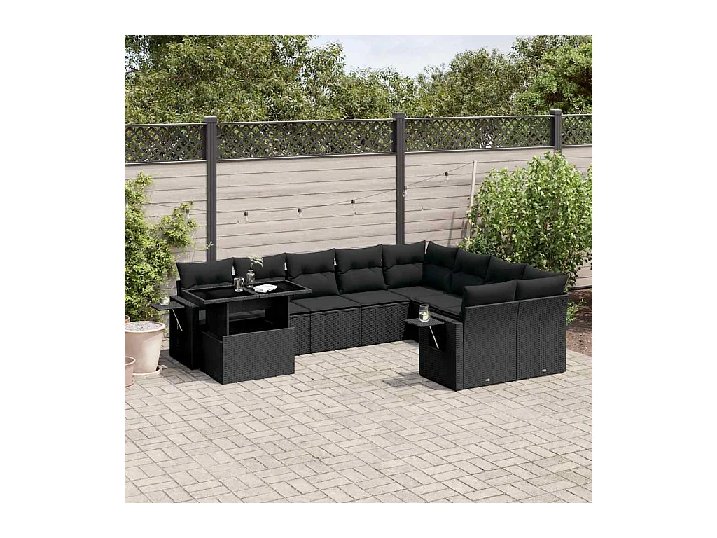 Salon de jardin 10 pcs avec coussins noir résine tressée