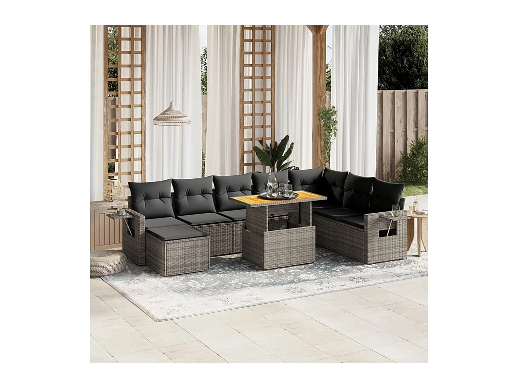 Set Divano da Giardino 9 pz con Cuscini Grigio in Polyrattan