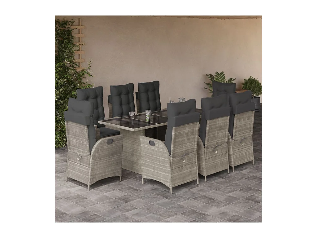 Ensemble à manger de jardin et coussins 9 pcs gris clair rotin
