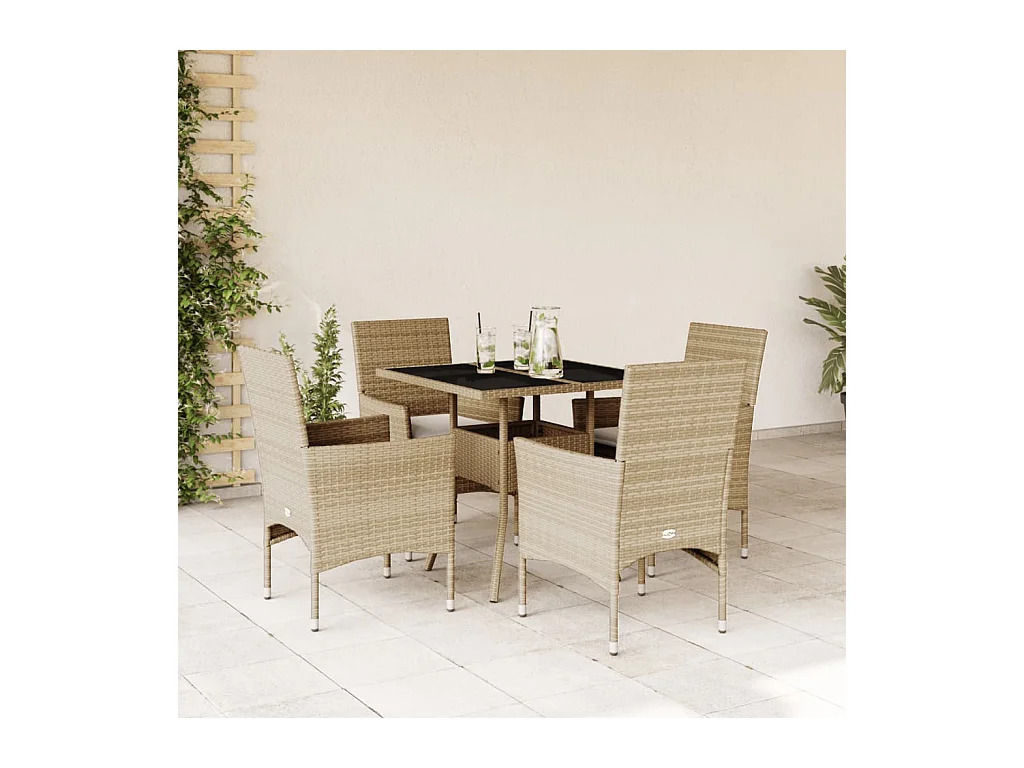Ensemble à manger de jardin et coussins 5 pcs beige rotin verre