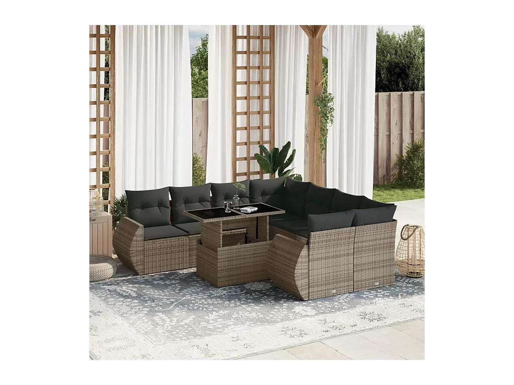 Set Divano da Giardino 9 pz con Cuscini Grigio in Polyrattan