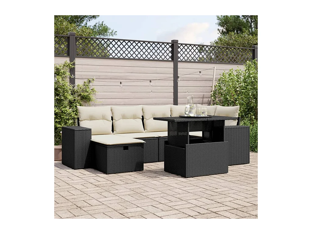 7-delige Loungeset met kussens poly rattan zwart