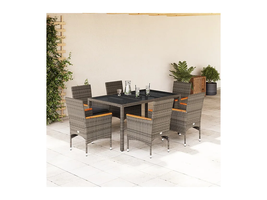 7-tlg. Garten-Essgruppe mit Kissen Grau Poly Rattan und Glas