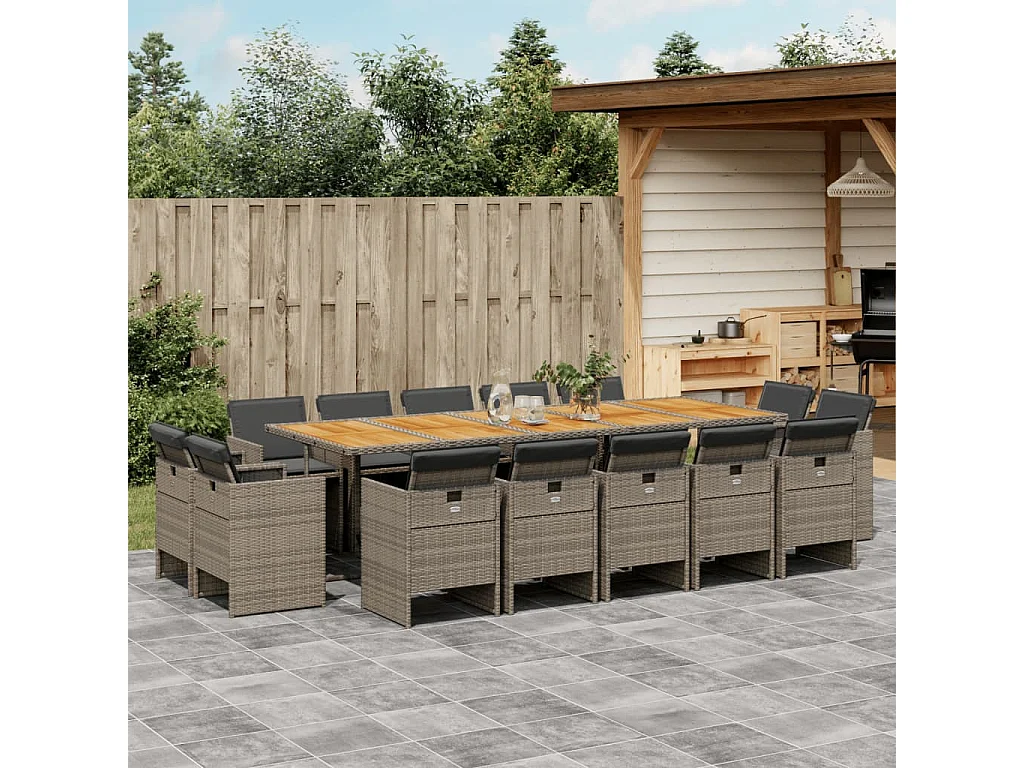 Set da Pranzo da Giardino 15 pz con Cuscini Grigio Polyrattan