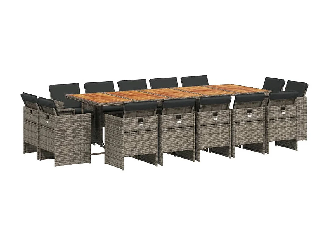Set da Pranzo da Giardino 15 pz con Cuscini Grigio Polyrattan
