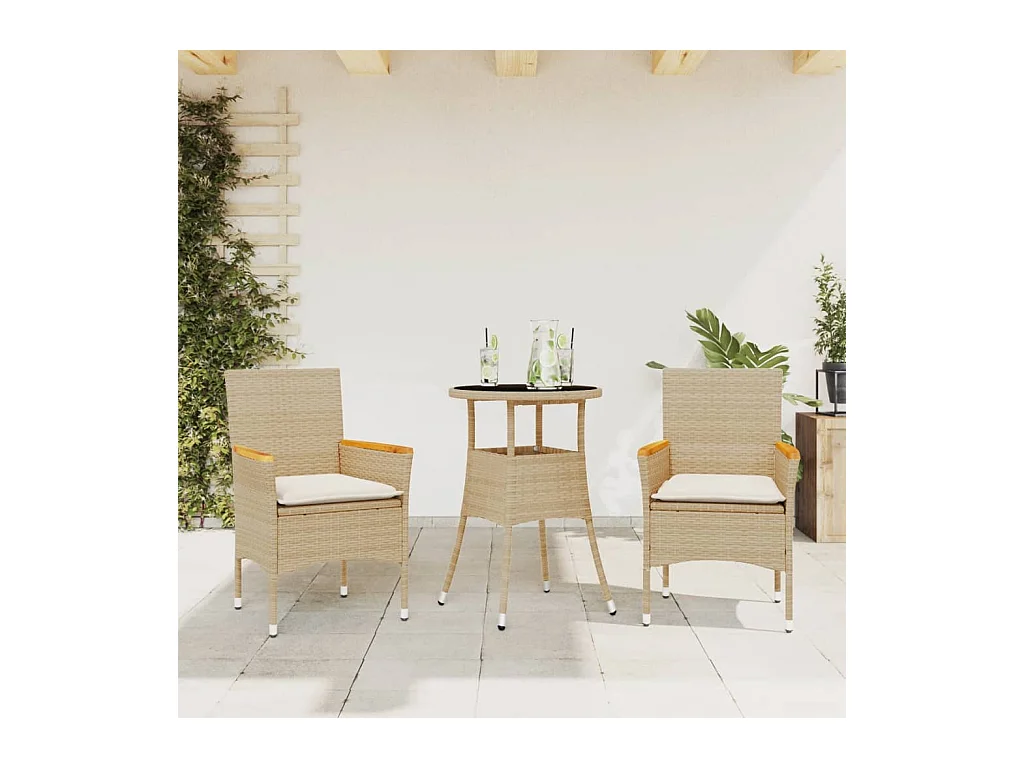 3-tlg. Garten-Essgruppe mit Kissen Beige Poly Rattan und Glas