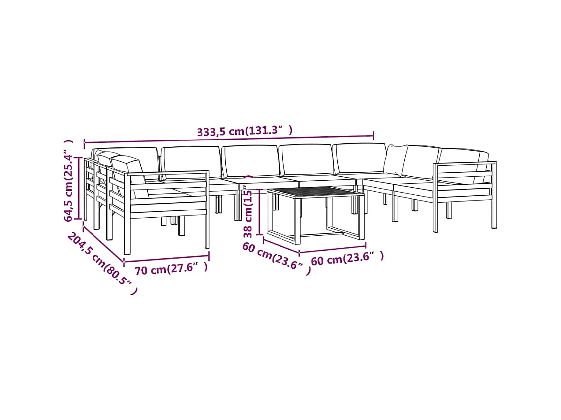Set Divani da Giardino 10 pz con Cuscini in Alluminio Antracite