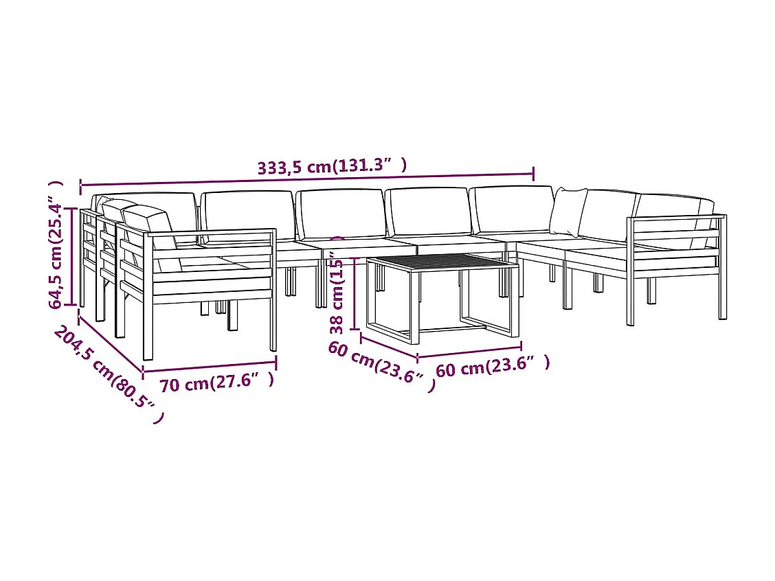 Salon de jardin 10 pcs avec coussins Aluminium Anthracite