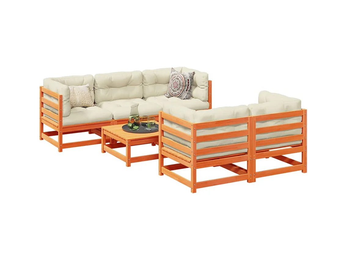 Set Divani Giardino 6pz con Cuscini Marrone Cera Massello Pino