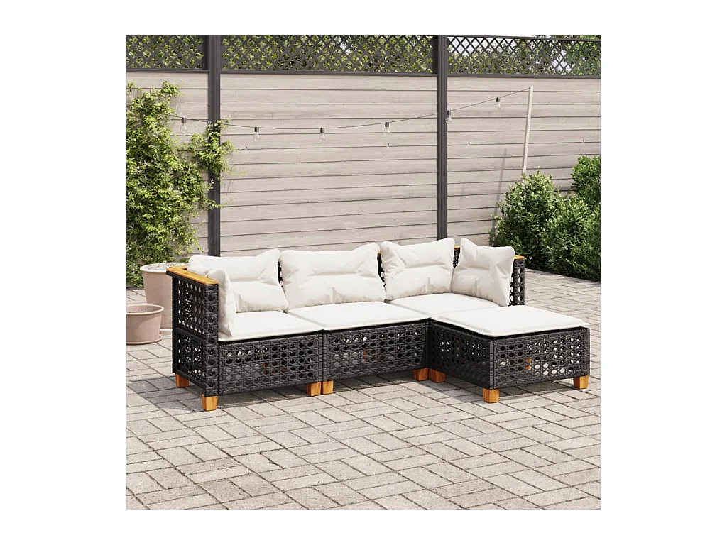 4-delige Loungeset met kussens poly rattan zwart