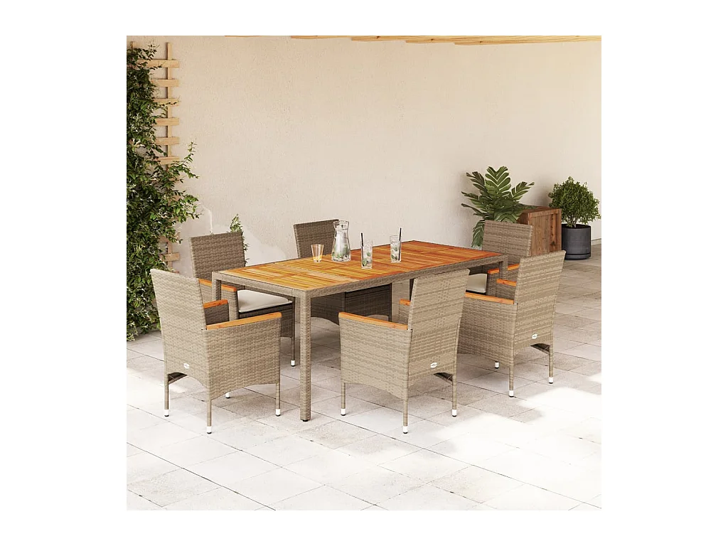 Set Pranzo da Giardino 7 pz con Cuscini Beige Polyrattan Acacia
