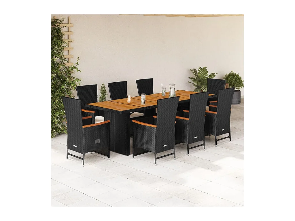 Set da Pranzo da Giardino 9 pz con Cuscini Nero in Polyrattan