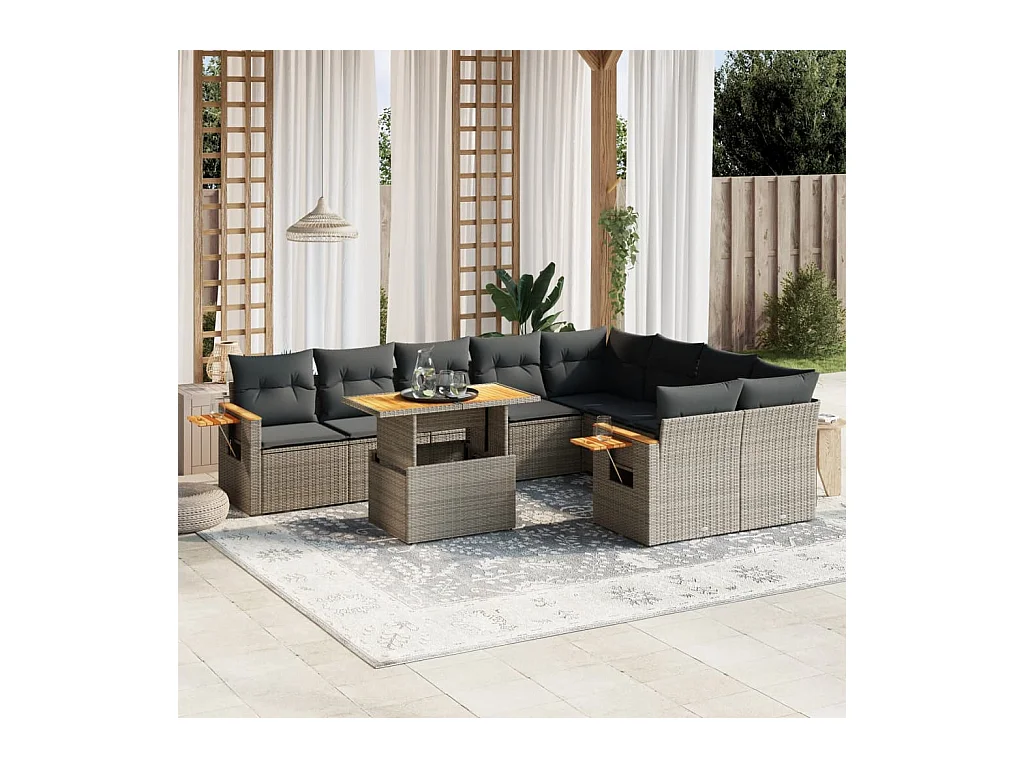 Set Divano da Giardino 10 pz con Cuscini Grigio in Polyrattan