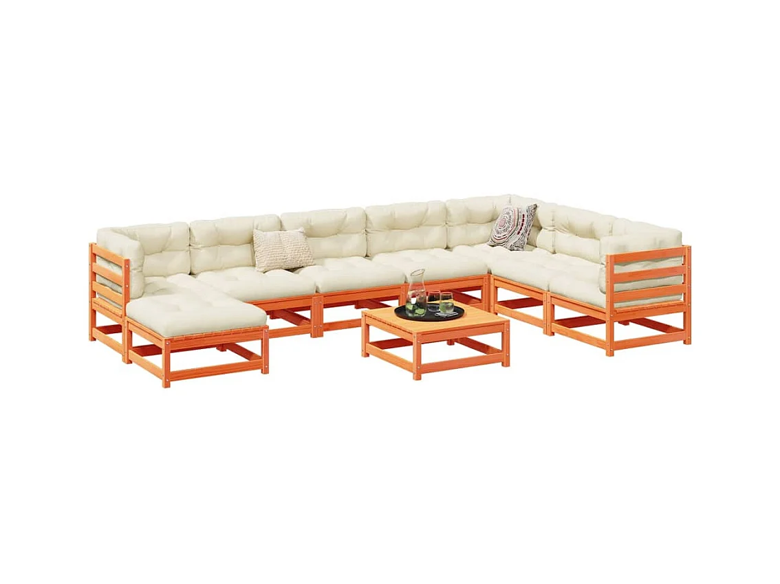 Salon de jardin 9 pcs avec coussins marron cire bois pin massif