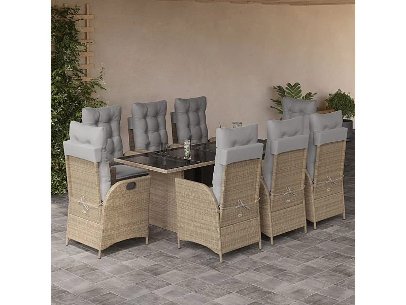 9-tlg. Garten-Essgruppe mit Kissen Beigemischung Poly Rattan