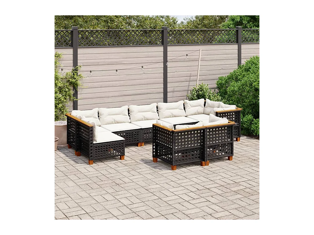 Salon de jardin 9 pcs avec coussins noir résine tressée