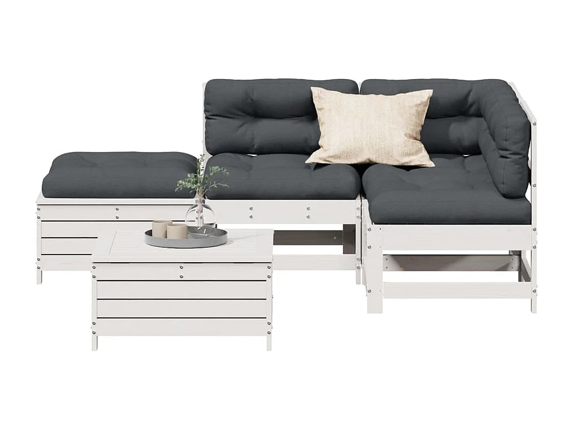 Salon de jardin 5 pcs avec coussins blanc bois massif de pin