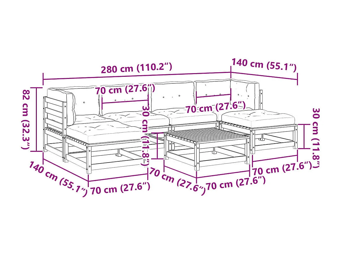 7-delige Loungeset met kussens massief grenenhout