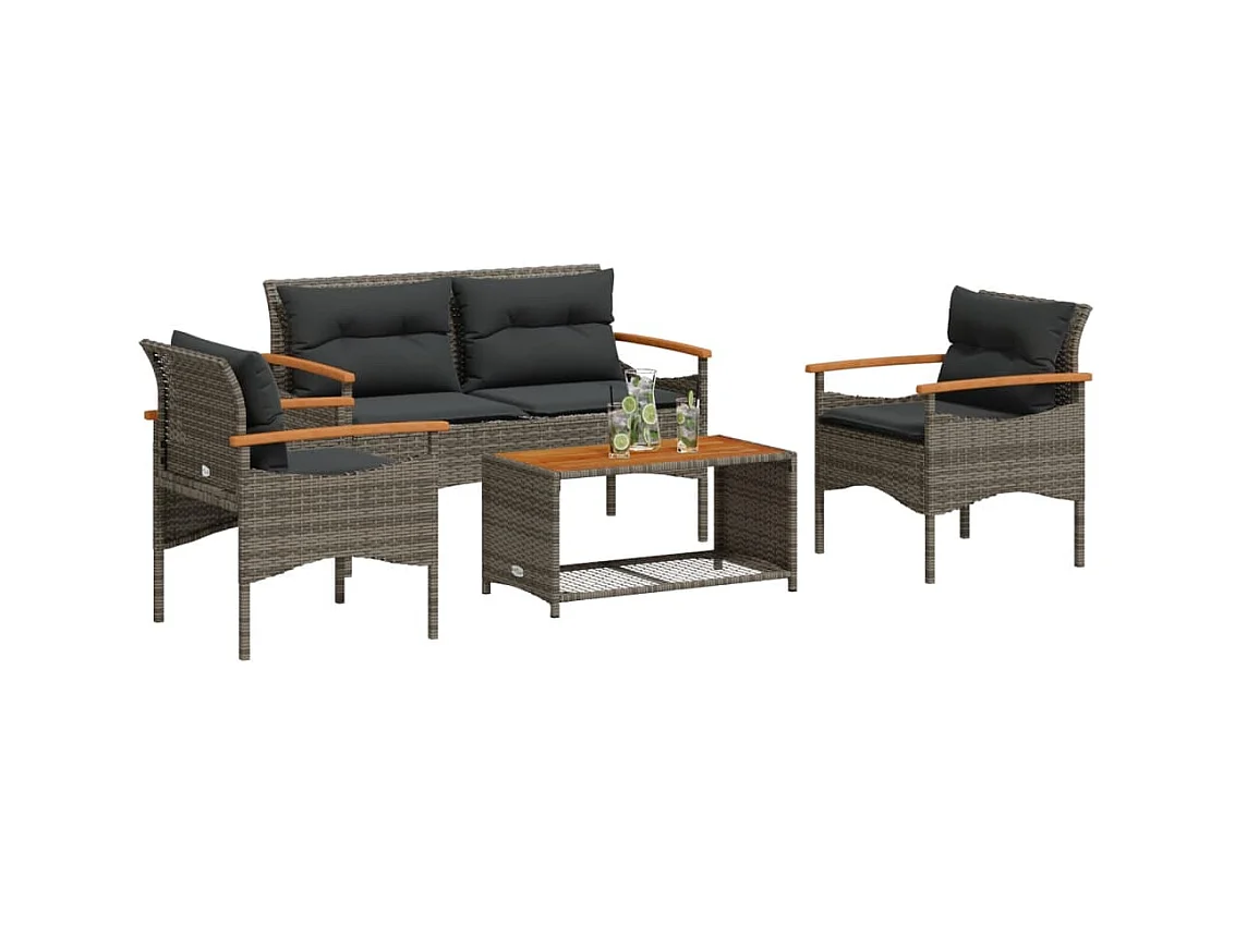 4-delige Loungeset met kussens poly rattan grijs