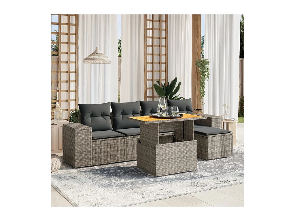 6-tlg. Garten-Sofagarnitur mit Kissen Grau Poly Rattan
