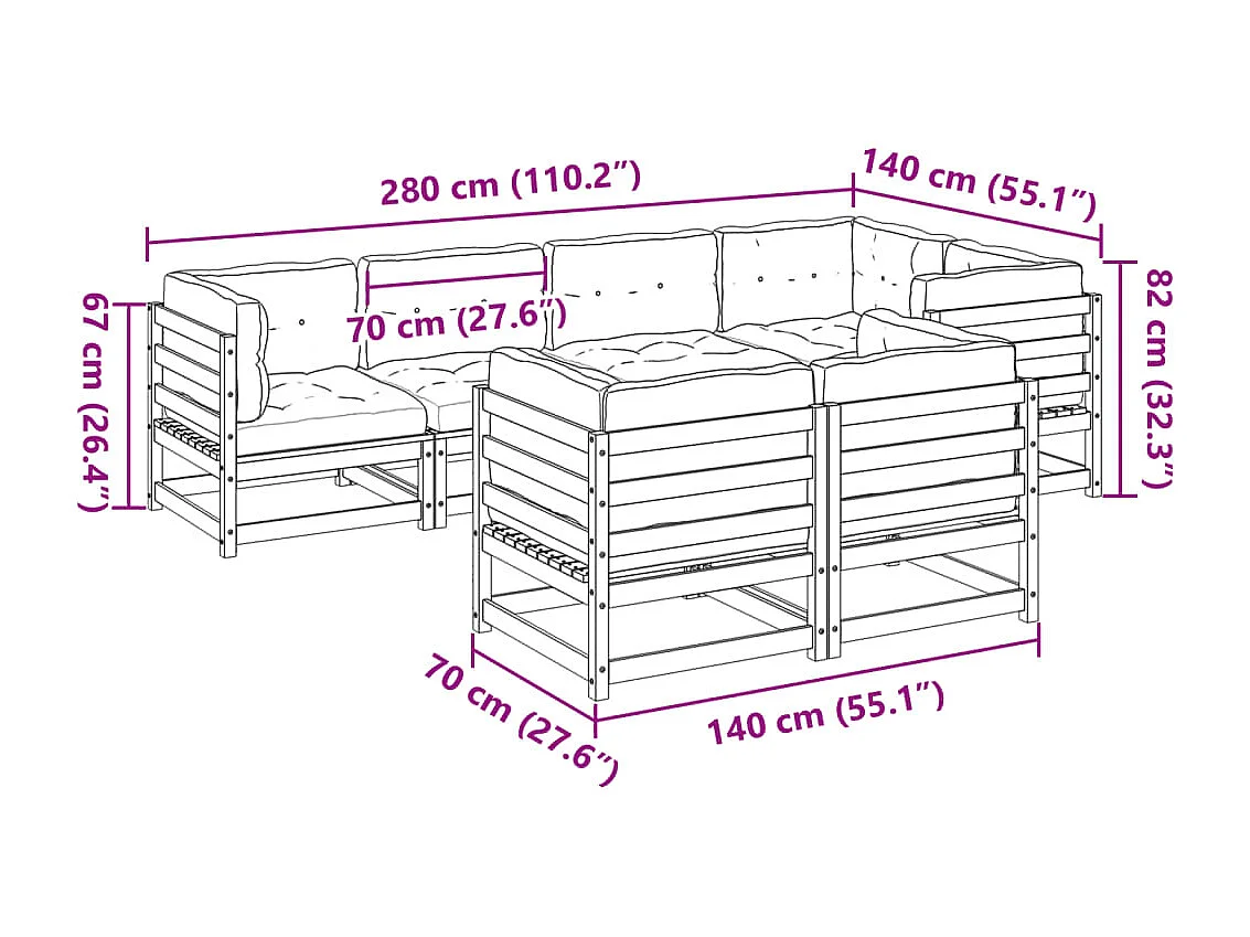 7 pcs conj. sofás jardim c/ almofadões madeira abeto-de-douglas