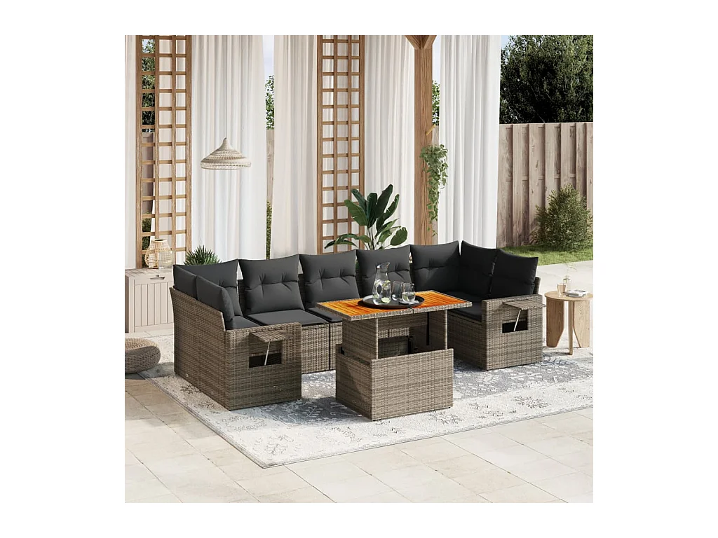 Salon de jardin 8 pcs avec coussins gris résine tressée